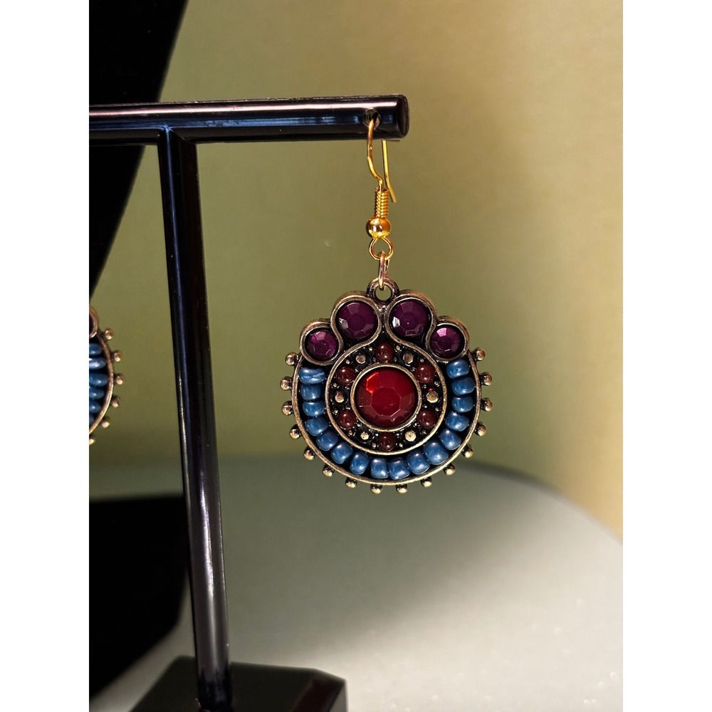 Boho Bronze Tone Red Blue Crystal Statement Pendant Necklace and Earring Set - Picture 2 of 8